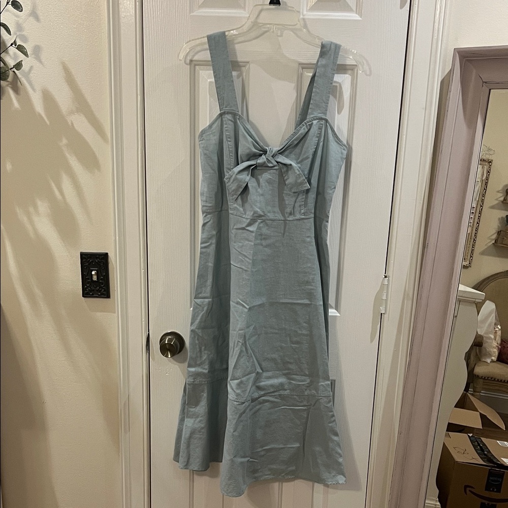 Light Blue Linen Midi Dress with Bow Detail